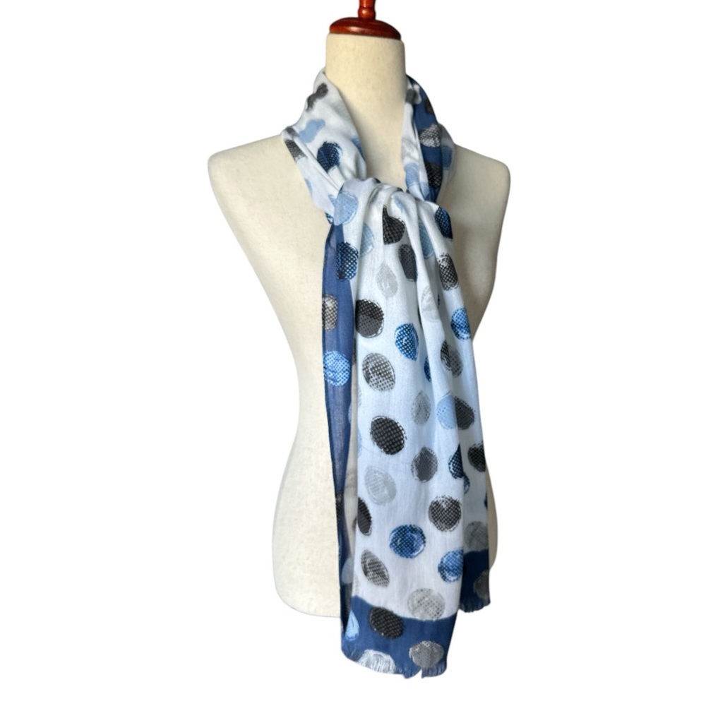 White House Black Market Blue Polka Dot Printed Scarf Fringe Edges Gift For Her - Picture 3 of 10